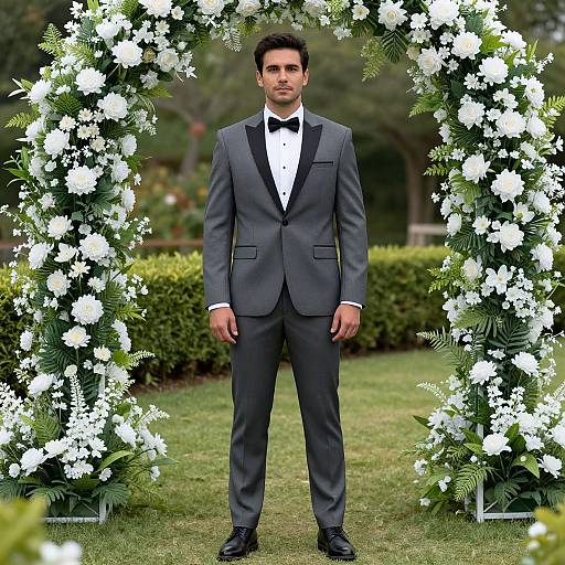 Photograph of a handsome man in a grey tuxedo with black bow tie, standing under a white floral archway in a lush garden.