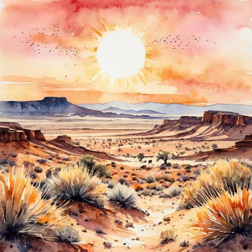 Watercolor Desert Plateau with Sun