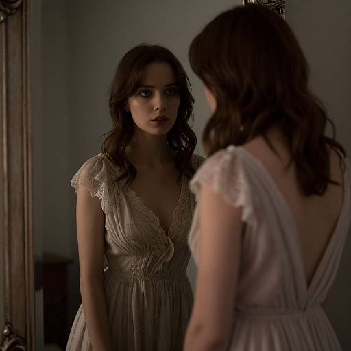 Photograph of a pensive woman with wavy brown hair, wearing a lace-trimmed, deep V-neck dress, reflected in a mirror.