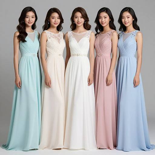 Five Asian women in elegant, floor-length dresses (light blue, white, pink, blue) stand together against a gray background, smiling. Photographic