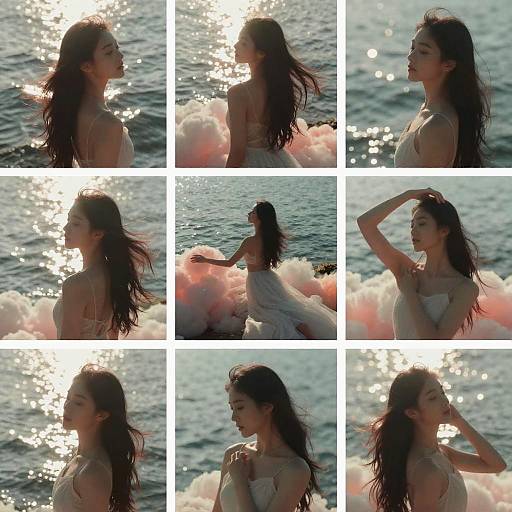Photographic collage of an Asian woman with long dark hair, wearing a white strapless top, posing by sparkling ocean with pink fluffy float, sunlight g