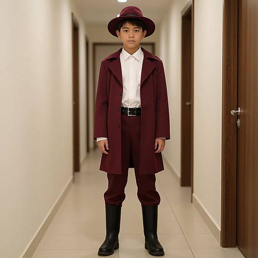 Photograph of a young Asian boy in a maroon trench coat, white shirt, maroon pants, black boots, and matching maroon hat,