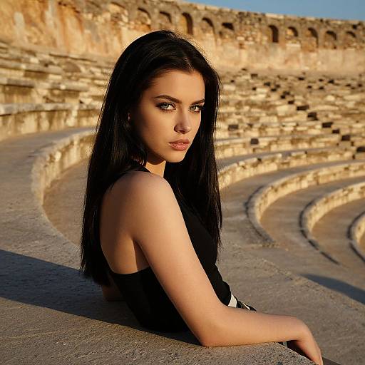 Photograph of a fair-skinned woman with long black hair, wearing a black top, seated in ancient Roman amphitheater, looking back with intense