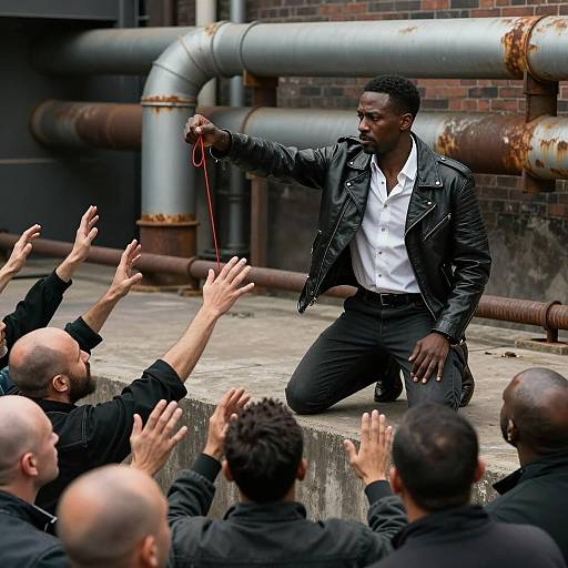 Man with Red String in Industrial Setting