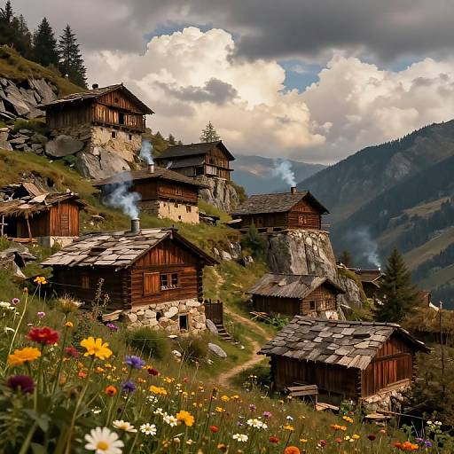 Photograph of rustic wooden chalets with smoke rising, nestled on a rocky mountain slope, surrounded by vibrant wildflowers and pine trees, under a dramatic