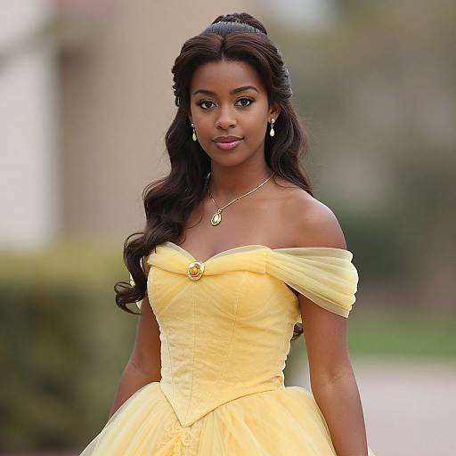 Photograph of a beautiful Black woman with long, wavy hair wearing an off-shoulder, yellow, strapless dress adorned with a yellow bro