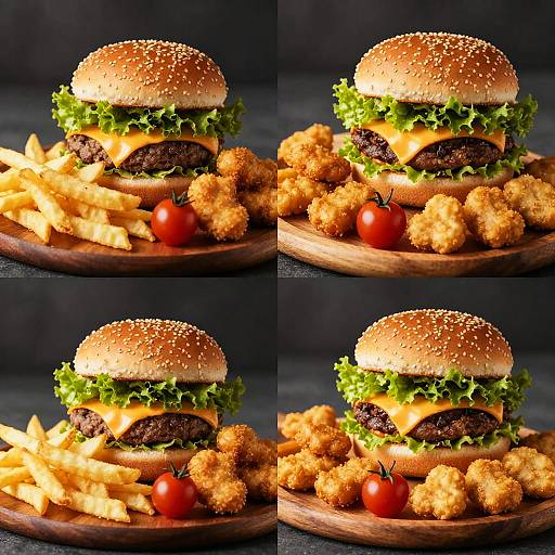Photograph of four identical cheeseburgers with sesame buns, lettuce, tomato, cheese, and beef patties, surrounded by golden fries and red