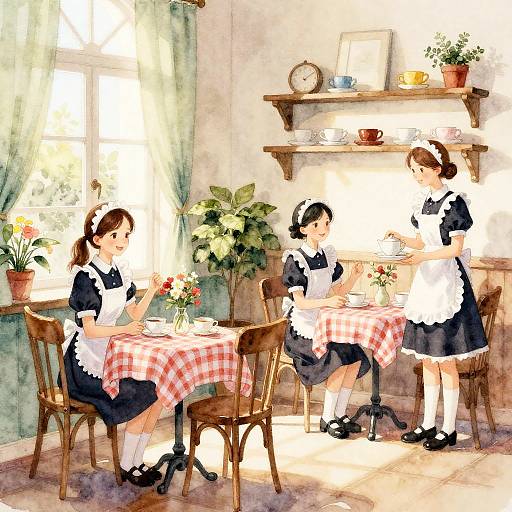Watercolor-style painting of three maid girls in black and white uniforms, serving tea at a sunlit, flower-decorated, quaint café.
