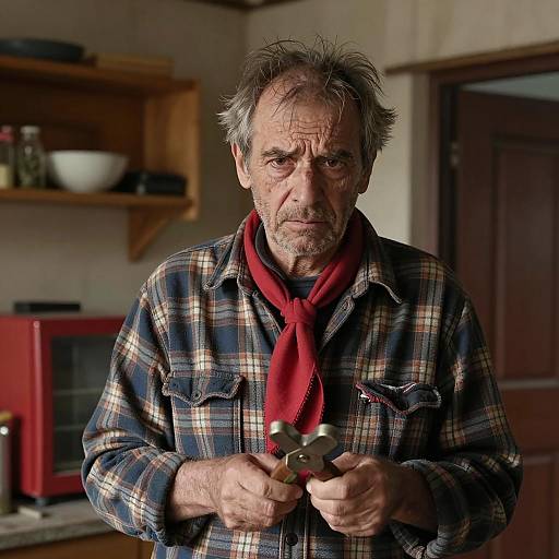 Worried Craftsman in Rustic Workshop