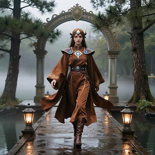 Fantasy photograph: A dark-haired woman in a brown, ornate robe with a crown walks on a misty, reflective path under an archway