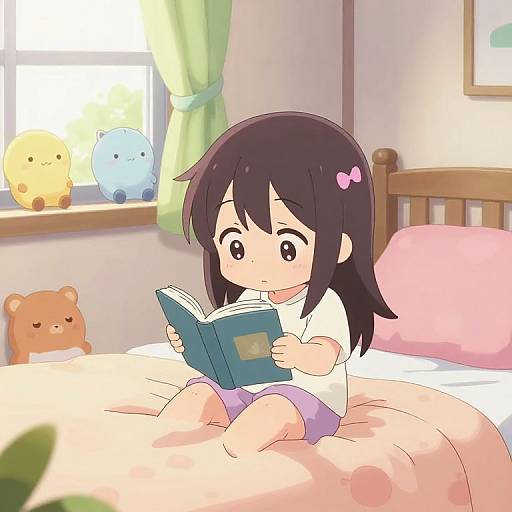 Anime-style drawing of a cute young girl with dark brown hair and a pink bow, sitting on a bed reading a book, surrounded by colorful plush toys