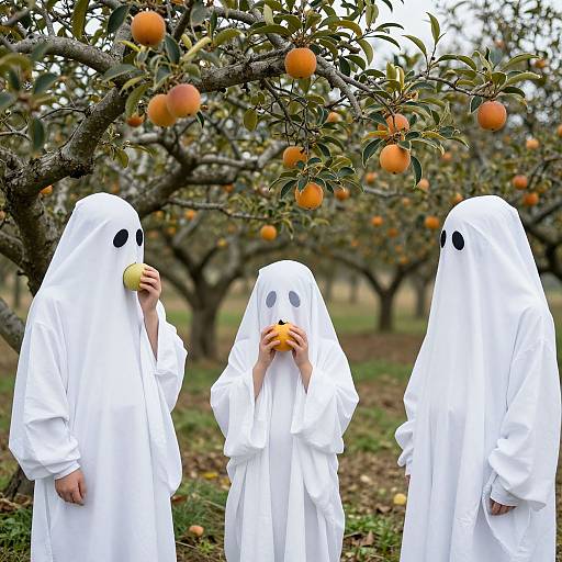 Three people in white ghost costumes with black eyes eat apples in an orange tree orchard. Photograph.