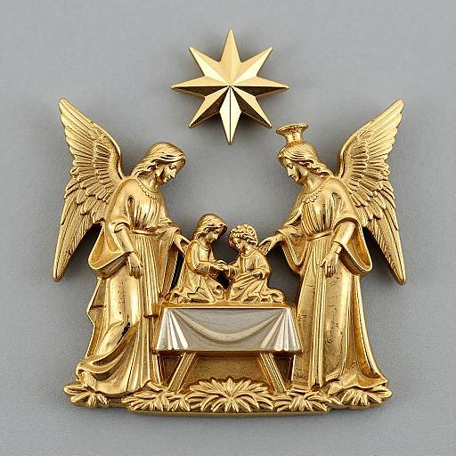 Golden relief sculpture of the Nativity with angels, baby Jesus, and a star above, against a blue background.