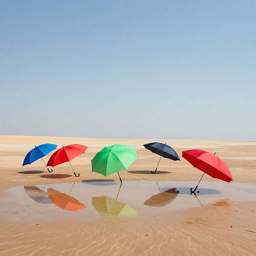 Photograph of four colorful umbrellas (blue, red, green, black) standing in shallow water on a sandy desert, reflecting in the water,