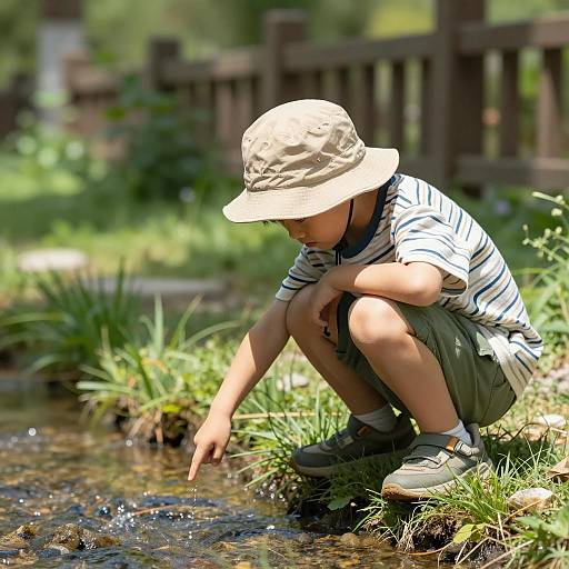 Young Boy Exploring Stream Outdoors