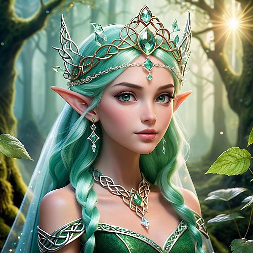 Fantasy Elf Princess with Green Hair and Silver Jewelry