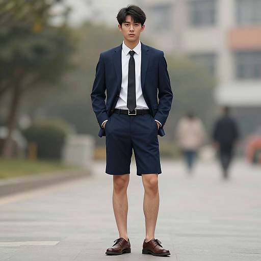 Photograph of an Asian man in a navy suit, white shirt, black tie, and shorts, standing confidently on a blurred city street. Hands in