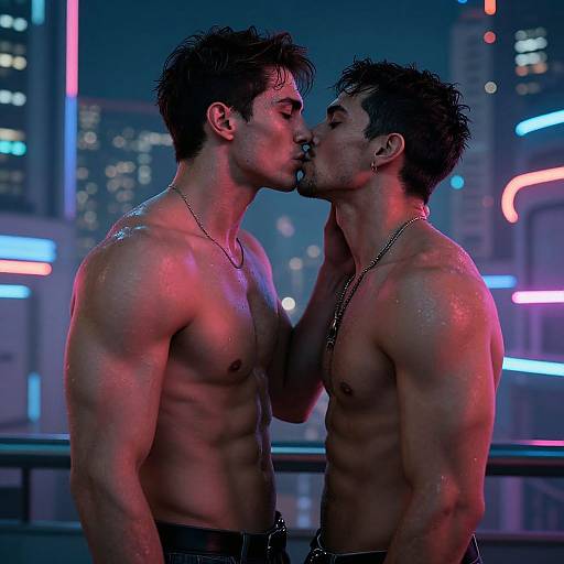 Digital artwork of two muscular, shirtless men kissing passionately in a neon-lit cityscape at night, both wearing neck chains.