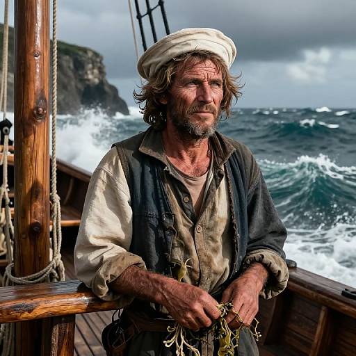 Weathered Sailor Amidst Stormy Seas