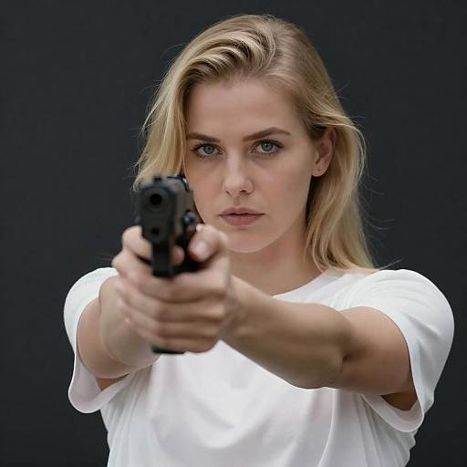 Blonde Woman Aiming Handgun