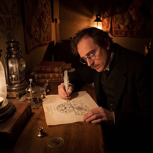 Photograph: Dimly lit room, man with curly hair and glasses, wearing dark clothes, writing with a quill on paper, surrounded by vintage