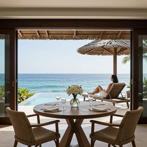 Photograph: Secluded dining table with wicker chairs, white flowers, and wine glasses, overlooking a serene ocean view, under a thatched umbrella