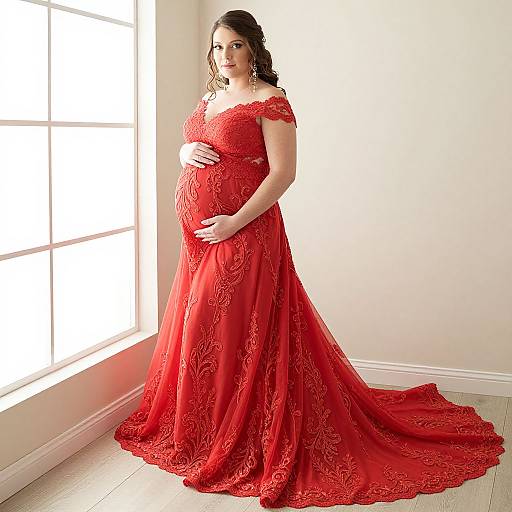 Photograph of a pregnant woman with dark hair, wearing an off-shoulder, red lace gown, standing near a bright window in a white-w