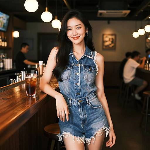 Photograph of an attractive Asian woman with long black hair, wearing a frayed denim sleeveless romper, smiling in a dimly-lit bar