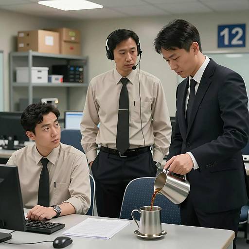 Three Men in Control Room with Coffee