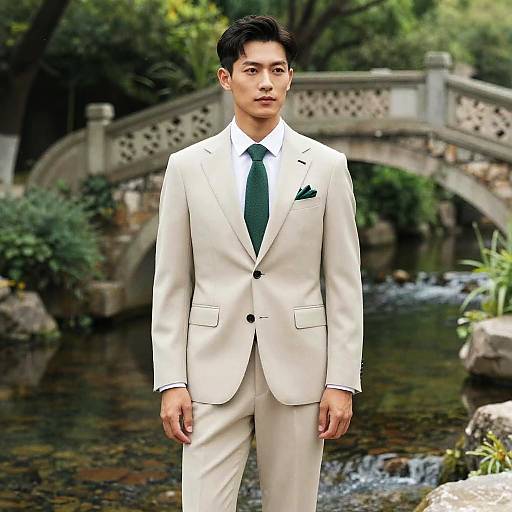 Photograph of an Asian man in a white suit with a green tie, standing in front of a stone bridge over a flowing stream in a lush garden