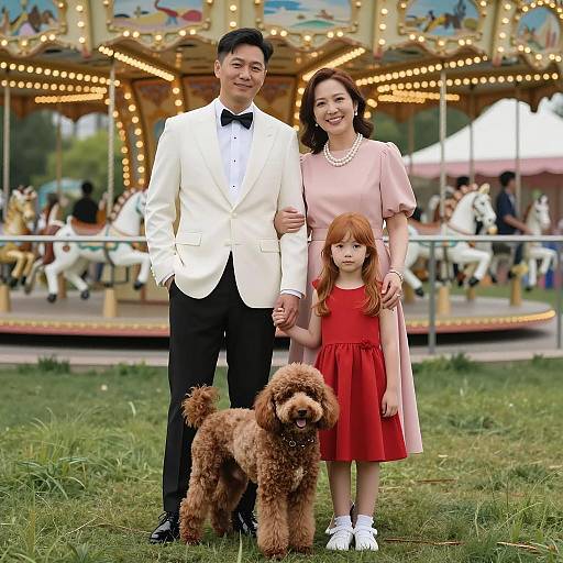 Joyful Family Portrait at Bright Carousel