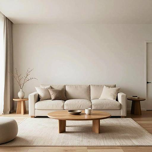 Photograph of a minimalist living room with beige sofa, wooden coffee table, white rug, two wooden side tables, and natural light.