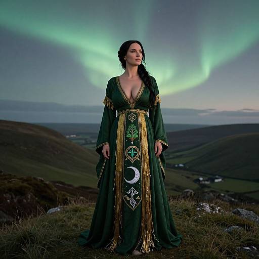 Photograph of a woman with long black hair, wearing a green dress with gold trim and celestial patterns, standing under the Northern Lights in a hilly