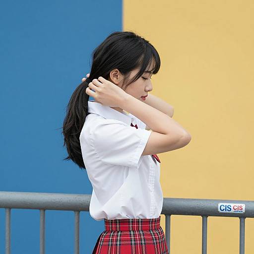 Young Asian Woman Adjusting Hair in School Uniform
