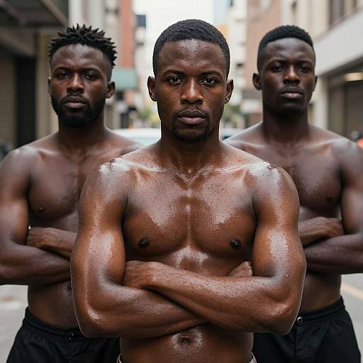 Photograph of three muscular, shirtless Black men with glistening, oiled skin, standing in a city alley with arms crossed. Foreground man
