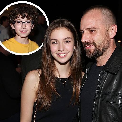 Photograph of a smiling couple; woman with long brown hair, black top, and man with bald head, beard, black leather jacket. Inset