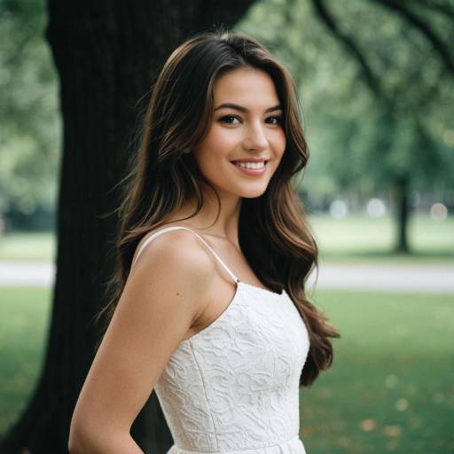 Young Woman Smiling in White Dress Outdoors