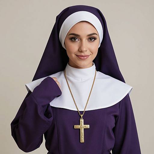 Photograph of a young woman with light brown skin and dark eyes, wearing a black and white nun's habit, smiling, with a gold cross necklace
