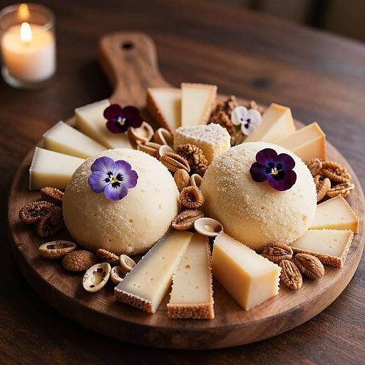Photograph of a wooden board with two round cheese balls, purple flowers, almonds, and assorted cheese wedges, lit by a candle.