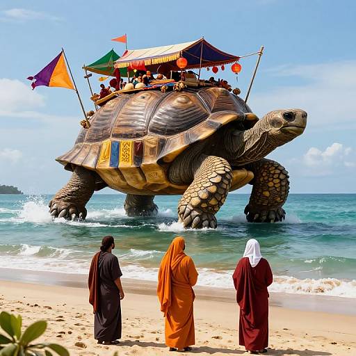 Photograph of a giant, decorated turtle with colorful flags and a canopy, standing in the ocean, watched by three robed monks on a sandy beach