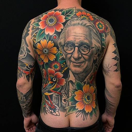 Tattooed man with back view, detailed portrait of elderly man with glasses, surrounded by vibrant orange and red flowers, against black background. Phot