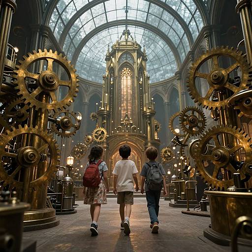 Photograph of three children walking away in a cathedral, surrounded by large, golden gears; tall, arched glass ceiling above.