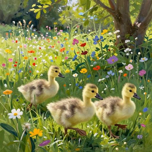 Digital painting of three fluffy yellow ducklings with black beaks standing in a vibrant, sunlit meadow filled with colorful wildflowers and tall green grass