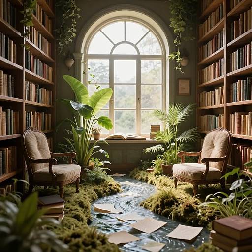 Photorealistic digital art: Sunlit library with arched window, lush green plants, two vintage armchairs, and a winding stream of papers