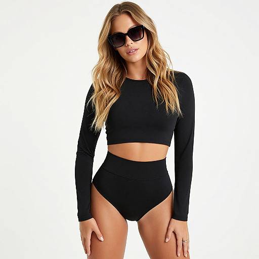 Photograph of a blonde woman with wavy hair, wearing black long-sleeve crop top and high-waisted black panties, large black sunglasses