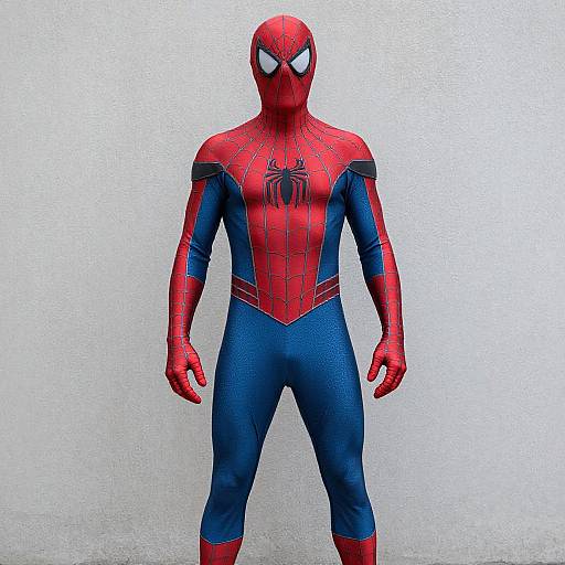 Photograph of a male superhero in a red and blue Spider-Man costume with black web pattern, white eyes, standing against a white textured wall.