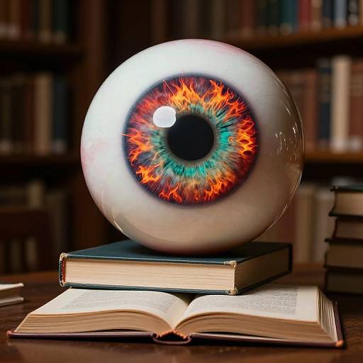 Photograph of a surreal, glass sphere with a vivid, fiery red and blue eye, resting on open books in a dimly lit library.