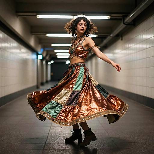 Non-Binary Street Performer in Neon Subway