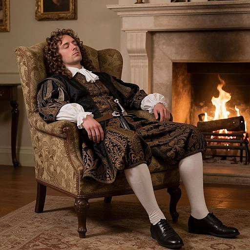 Photograph of a curly-haired man in 17th-century attire, white shirt, brown patterned doublet, white stockings, black shoes, loung