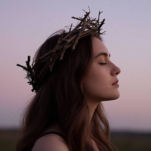 Photograph of a young woman with closed eyes, wearing a twig crown, against a twilight sky. She has long brown hair and a serene expression.